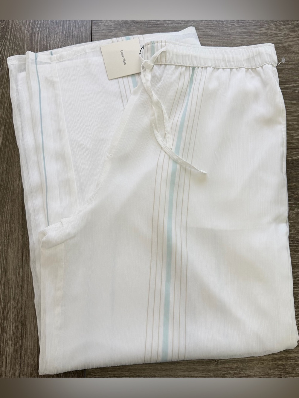 Calvin Klein Women’s White Striped Wide-Leg Pants Drawstring Pockets Size L - Picture 6 of 13